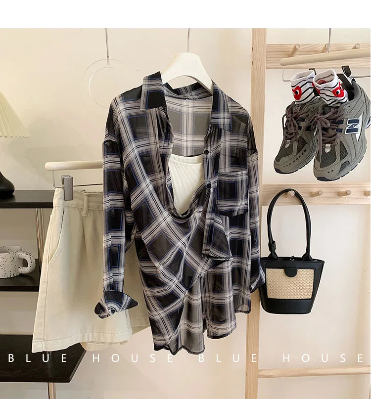 Summer Sunscreen Chiffon Blouse Korean Harajuku See Through Loose Top Casual Women's Cardigan III