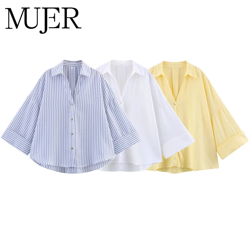 MUJER Striped Women's Shirt White Loose Casual Shirts for Women Summer Button up Wide Sleeve Ladies Top