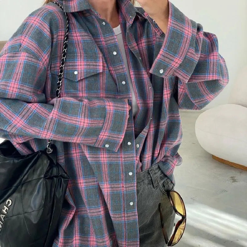 Women's Retro Long Sleeved Shirt Oversized Checkered Shirt Autumn Fashion Loose Collared Pocket Shirt