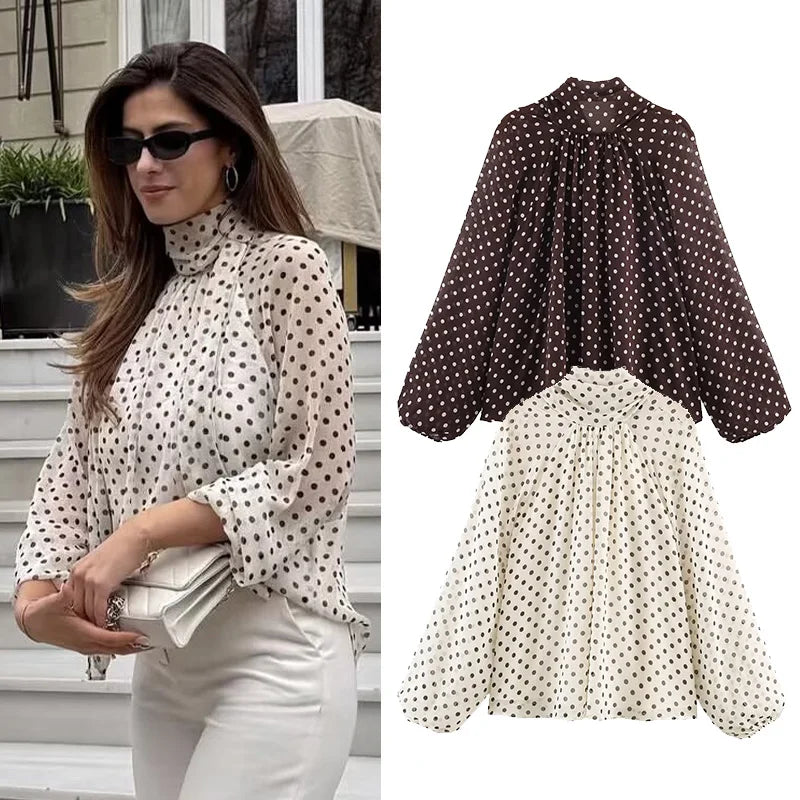 Women Polka Dot Print Blouse Casual High Collar Long Sleeve Lady Top Simple Women's Blouse Female Shirts