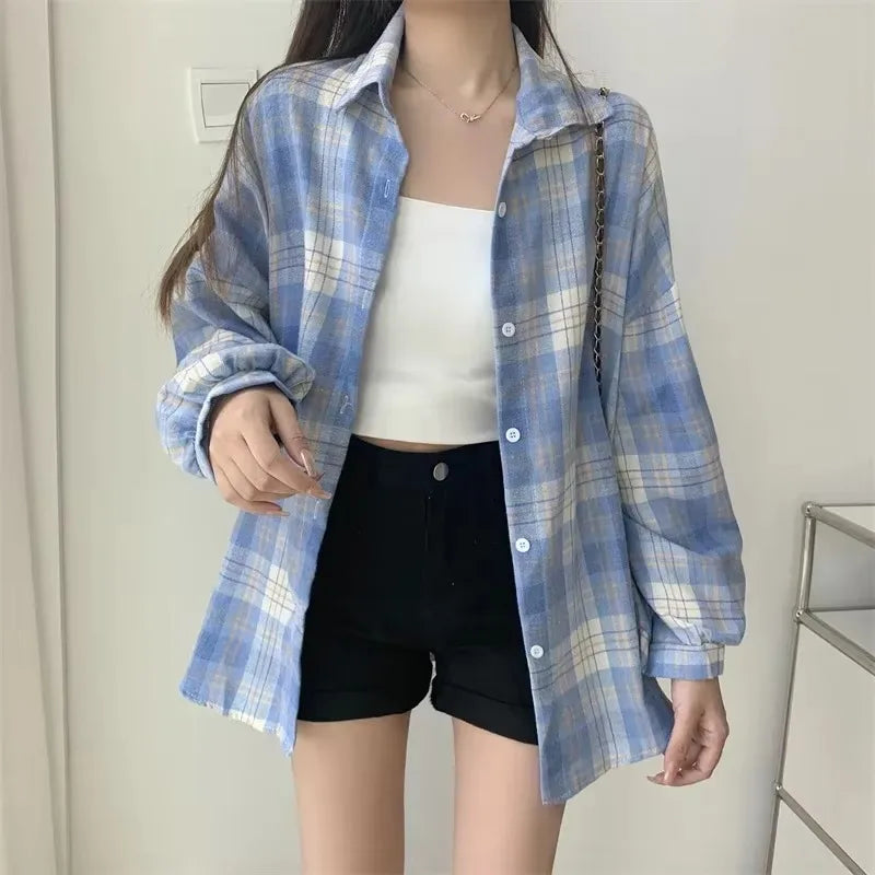 Plaid Shirt Women Fashion Autumn Long Sleeve Top Female Vintage Single Breasted Blouse Preppy Style Loose Check Shirts II