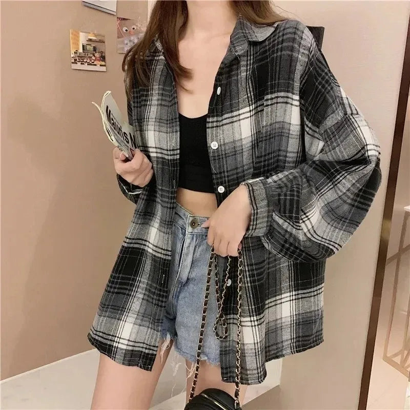 Plaid Shirt Women Fashion Autumn Long Sleeve Top Female Vintage Single Breasted Blouse Preppy Style Loose Check Shirts II