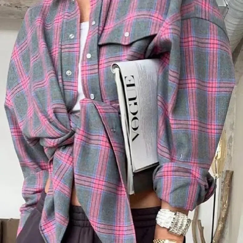 Women's Retro Long Sleeved Shirt Oversized Checkered Shirt Autumn Fashion Loose Collared Pocket Shirt