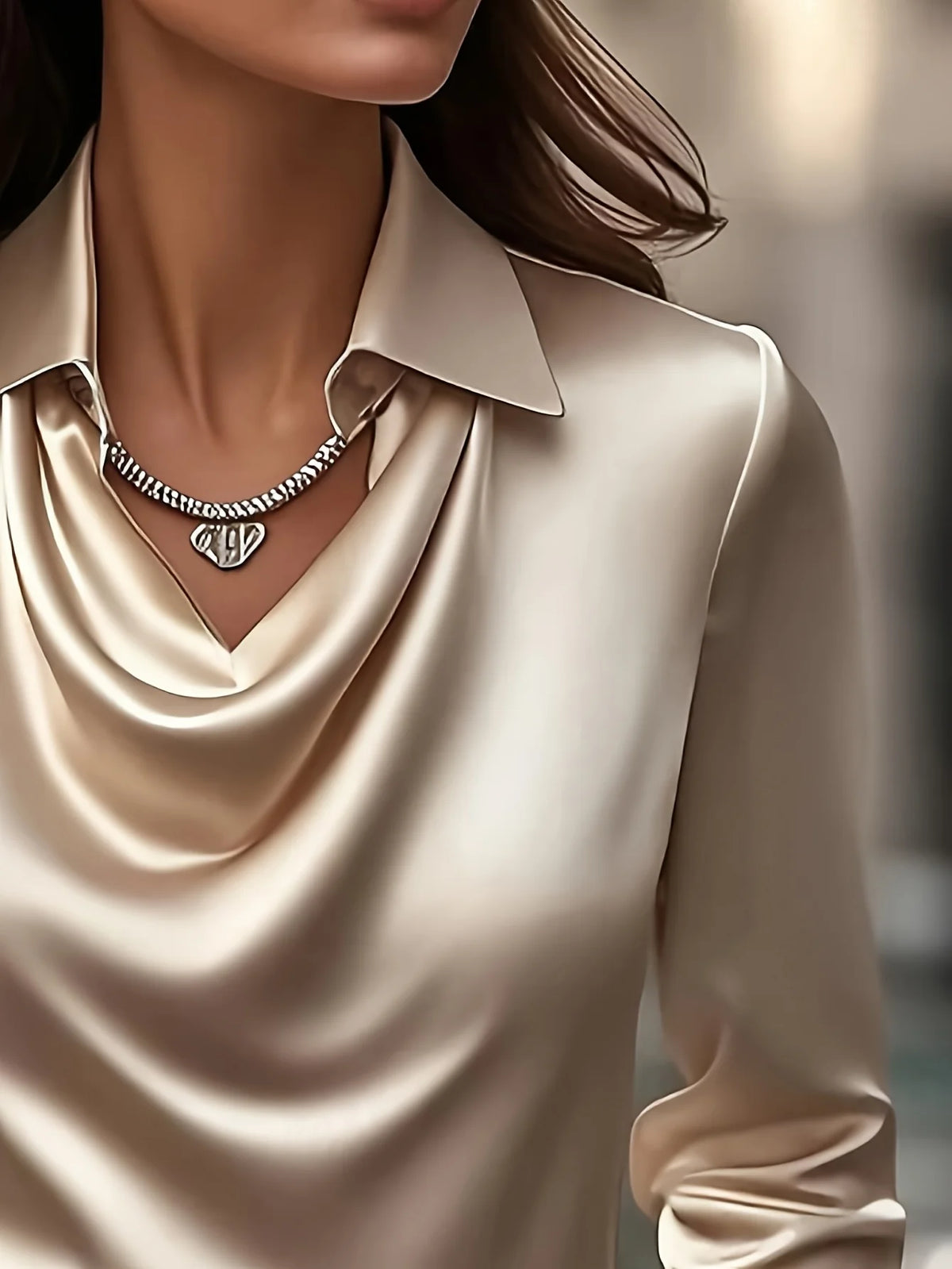 Spring and Autumn Plus-Size Long-Sleeved Satin Shirt Round Neck with Pleated Draped Collar Elegant Stylish Office Outdoor Wear