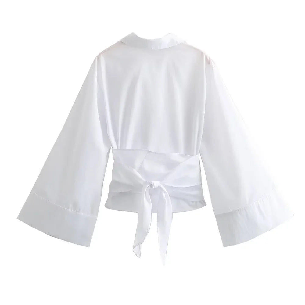 Sweet Women Shirt Korean Knitted Turn Down Collar Short Sleeve Female Blouse Summer Retro Slim All Match Ladies Crop Tops