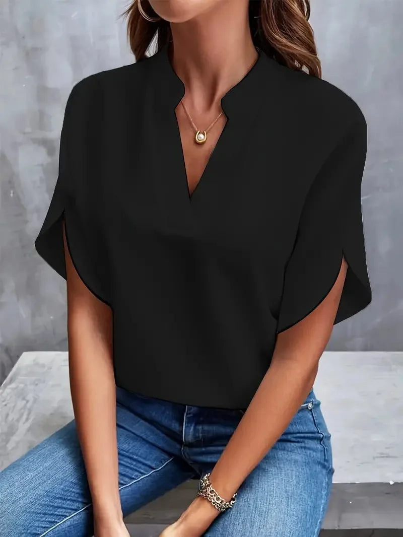 VEITCHE Summer Women Casual Solid Blouse V-neck Half Sleeve Shirts Office Elegant Pullover Loose Blusas Tops