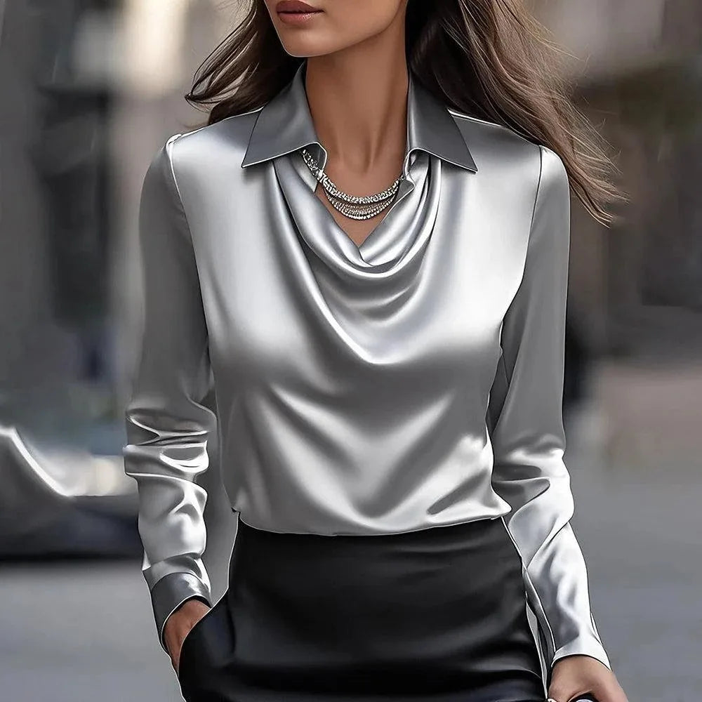 Elegant Women's Satin Shirt Blouse New Print V-neck Long-sleeved Solid Color Loose Shirt Casual Top Office Ladies
