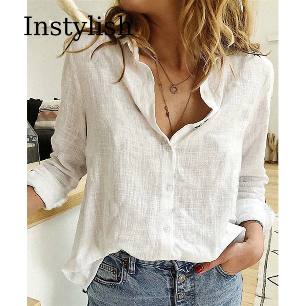 Elegant Cotton Linen Shirts Women Casual Solid Button Lapel Blouses Autumn Winter Long Sleeve Loose Tops Tunic Blusas