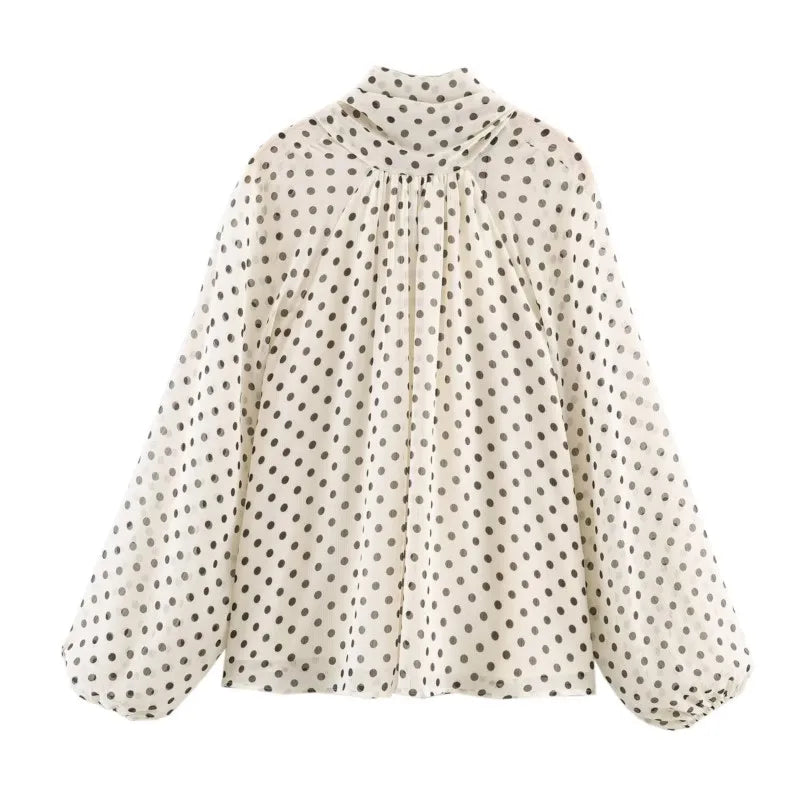 Women Polka Dot Print Blouse Casual High Collar Long Sleeve Lady Top Simple Women's Blouse Female Shirts