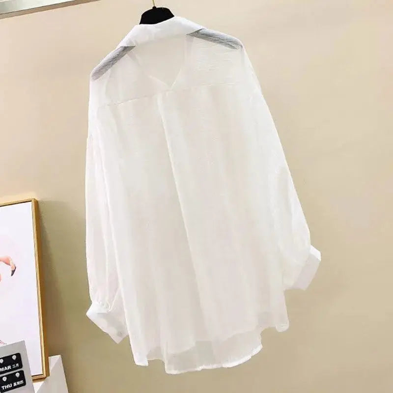 Summer Sunscreen Chiffon Blouse Korean Harajuku See Through Loose Top Casual Women's Cardigan II
