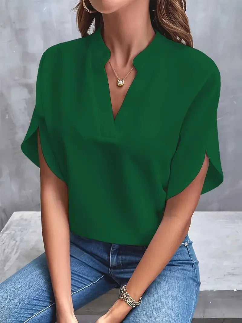 VEITCHE Summer Women Casual Solid Blouse V-neck Half Sleeve Shirts Office Elegant Pullover Loose Blusas Tops