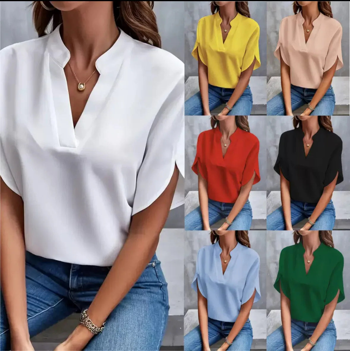 VEITCHE Summer Women Casual Solid Blouse V-neck Half Sleeve Shirts Office Elegant Pullover Loose Blusas Tops