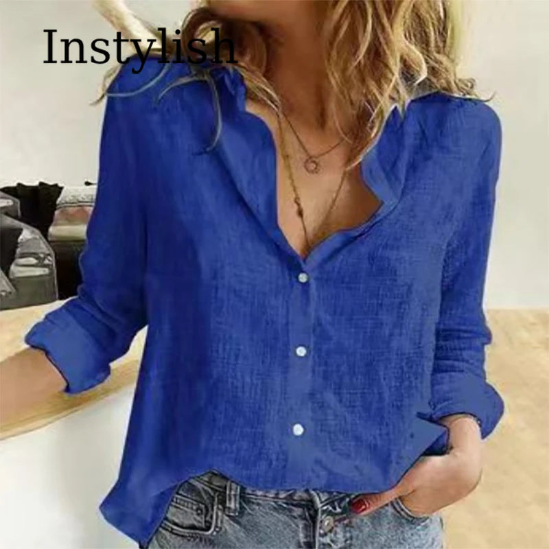 Elegant Cotton Linen Shirts Women Casual Solid Button Lapel Blouses Autumn Winter Long Sleeve Loose Tops Tunic Blusas