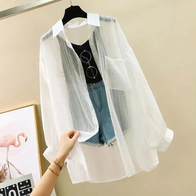 Summer Sunscreen Chiffon Blouse Korean Harajuku See Through Loose Top Casual Women's Cardigan II