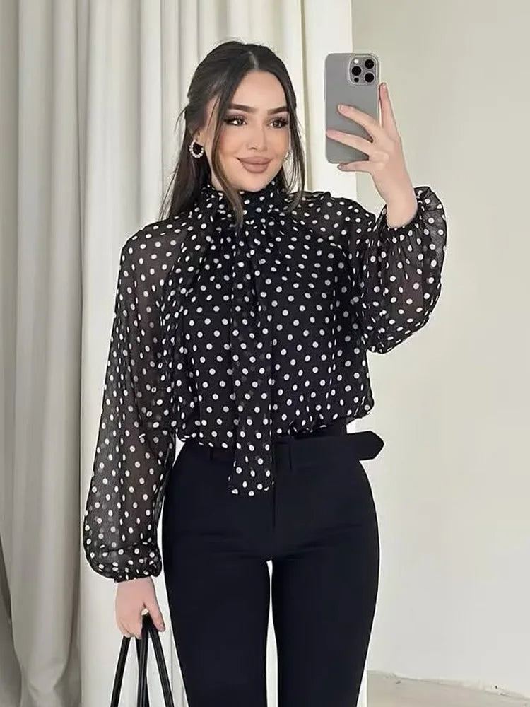 Women Polka Dot Print Blouse Casual High Collar Long Sleeve Lady Top Simple Women's Blouse Female Shirts
