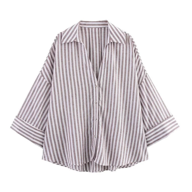 MUJER Striped Women's Shirt White Loose Casual Shirts for Women Summer Button up Wide Sleeve Ladies Top