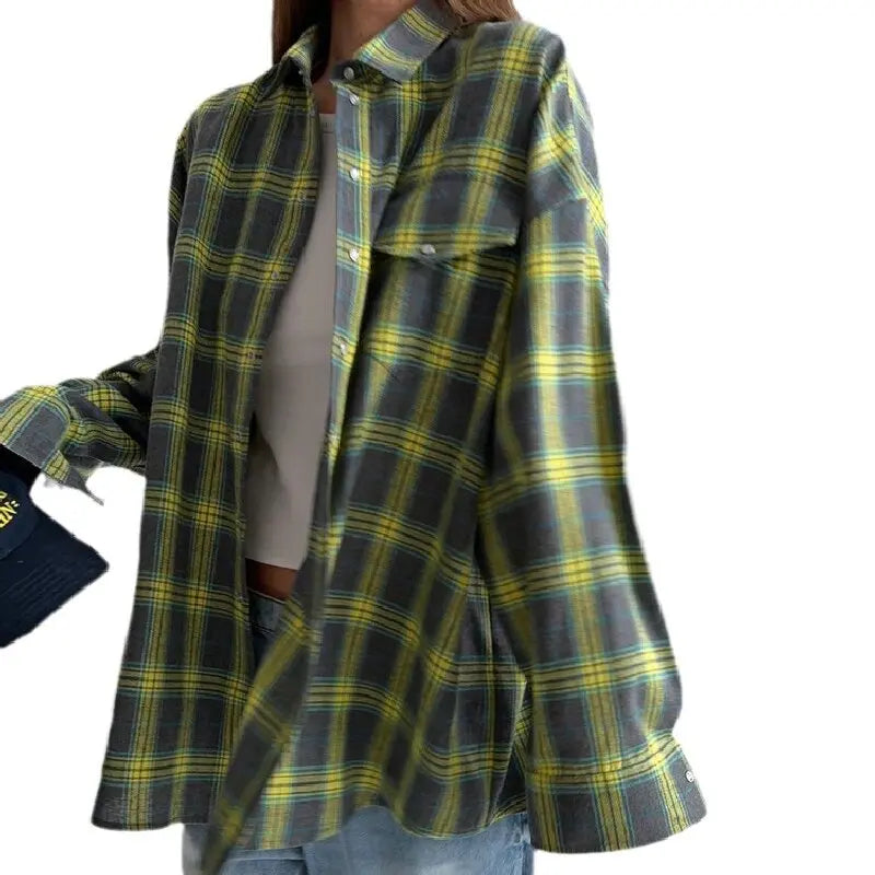 Women's Retro Long Sleeved Shirt Oversized Checkered Shirt Autumn Fashion Loose Collared Pocket Shirt