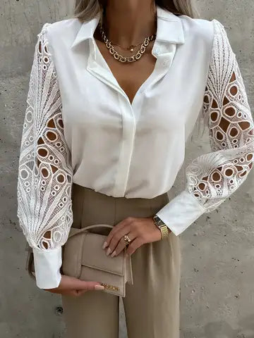 Women Elegant Solid Chiffon Blouse Spring Summer Casual Long Sleeve V Neck Loose Shirt Office Lady Tunics Oversized Tops 2024