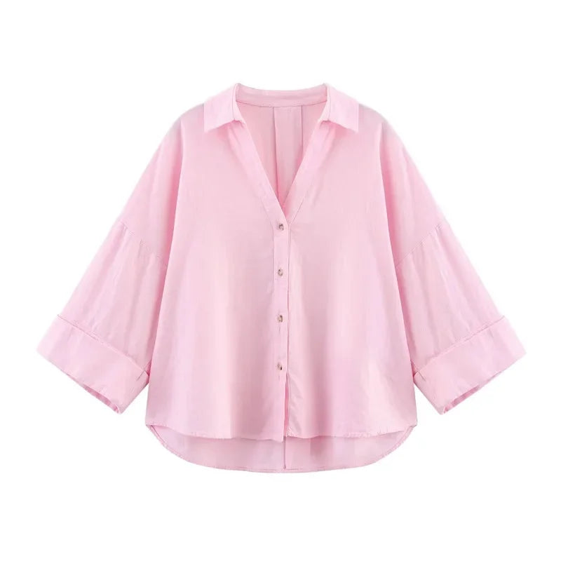 MUJER Striped Women's Shirt White Loose Casual Shirts for Women Summer Button up Wide Sleeve Ladies Top