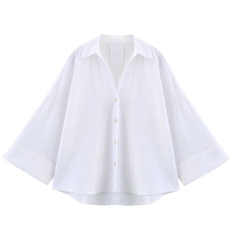 MUJER Striped Women's Shirt White Loose Casual Shirts for Women Summer Button up Wide Sleeve Ladies Top