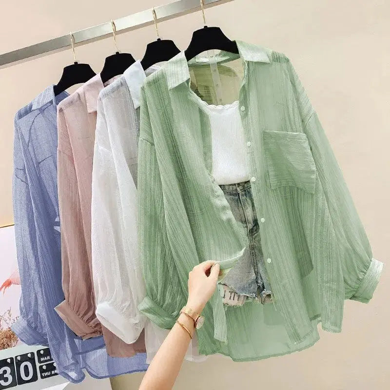 Summer Sunscreen Chiffon Blouse Korean Harajuku See Through Loose Top Casual Women's Cardigan II