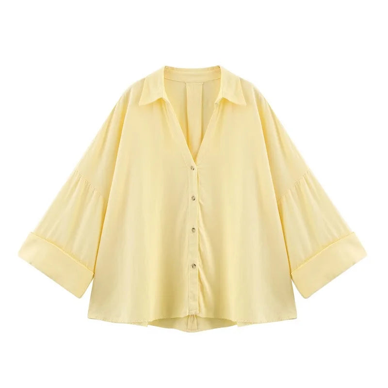 MUJER Striped Women's Shirt White Loose Casual Shirts for Women Summer Button up Wide Sleeve Ladies Top