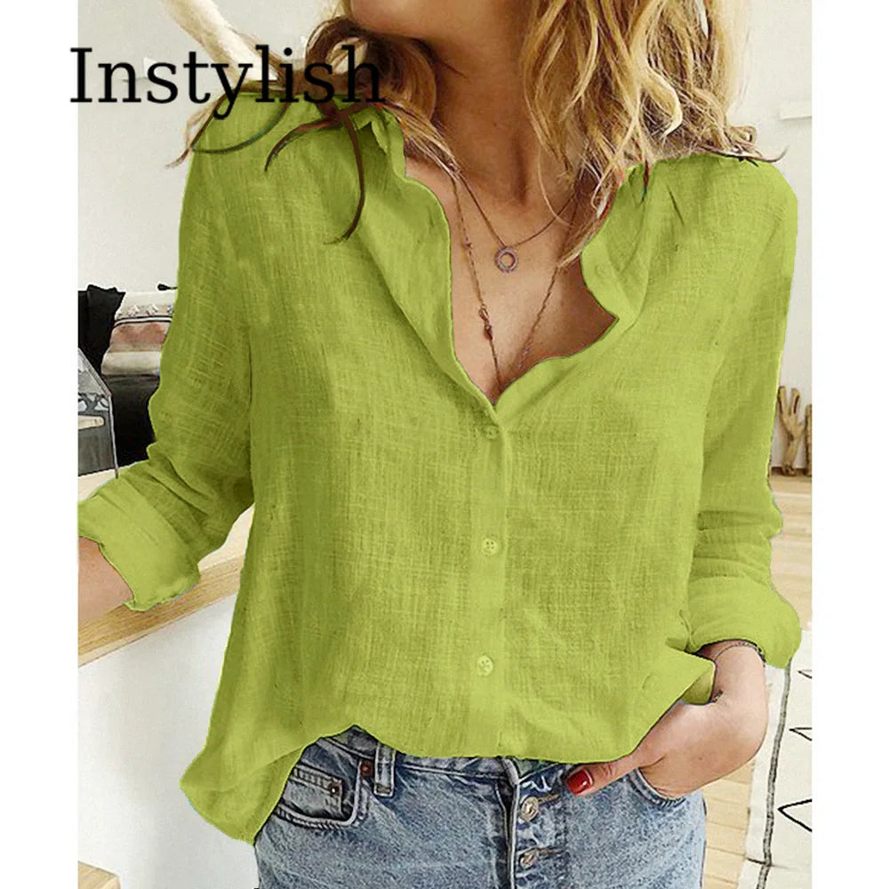Elegant Cotton Linen Shirts Women Casual Solid Button Lapel Blouses Autumn Winter Long Sleeve Loose Tops Tunic Blusas