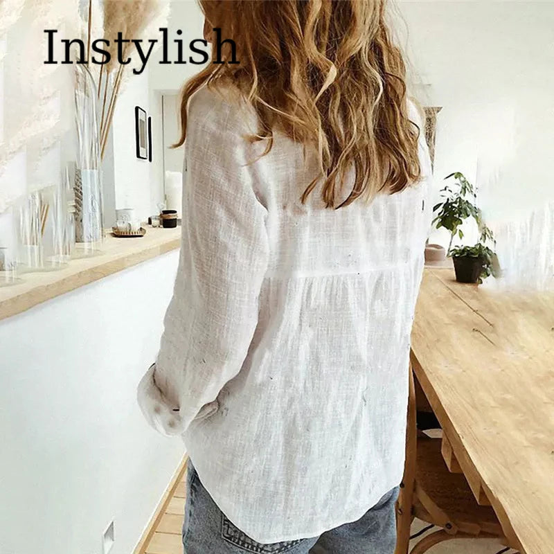 Elegant Cotton Linen Shirts Women Casual Solid Button Lapel Blouses Autumn Winter Long Sleeve Loose Tops Tunic Blusas