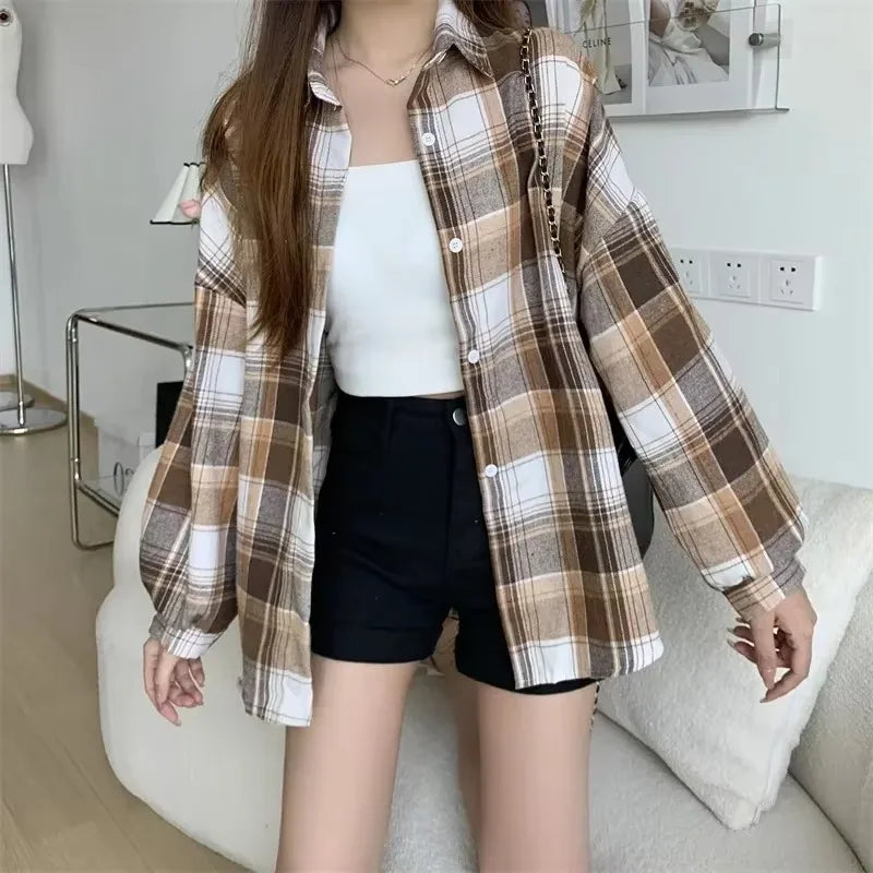 Plaid Shirt Women Fashion Autumn Long Sleeve Top Female Vintage Single Breasted Blouse Preppy Style Loose Check Shirts II