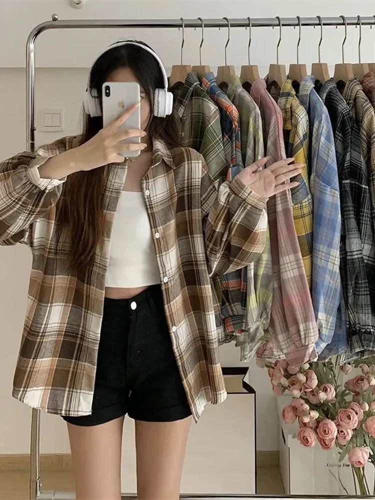 Plaid Shirt Women Fashion Autumn Long Sleeve Top Female Vintage Single Breasted Blouse Preppy Style Loose Check Shirts II