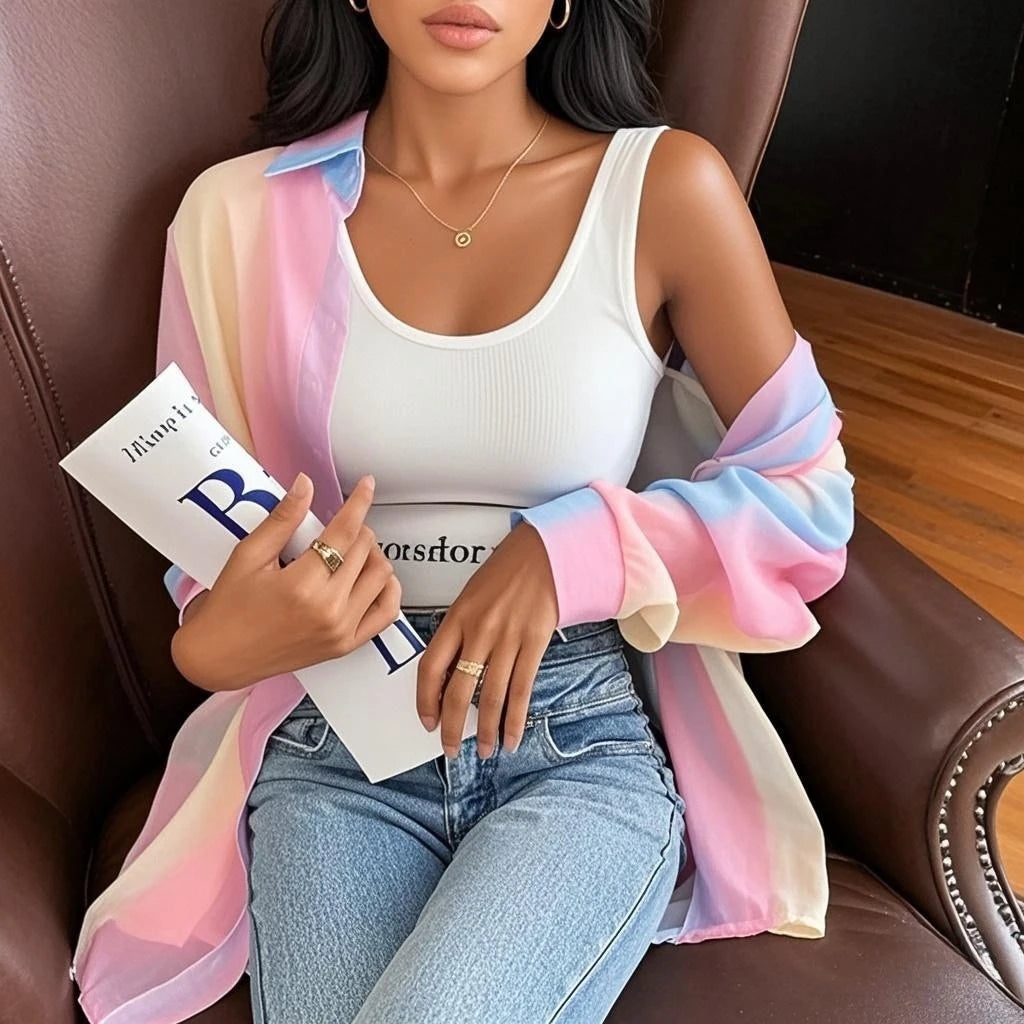 See-through Irregular Gradient Rainbow Long Sleeved Shirt And Blouses Thin For Women Loose Top Pink Casual Fashion Trend
