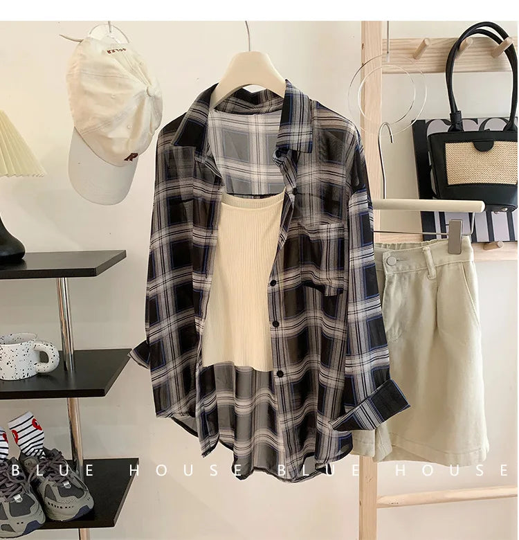 Summer Sunscreen Chiffon Blouse Korean Harajuku See Through Loose Top Casual Women's Cardigan III