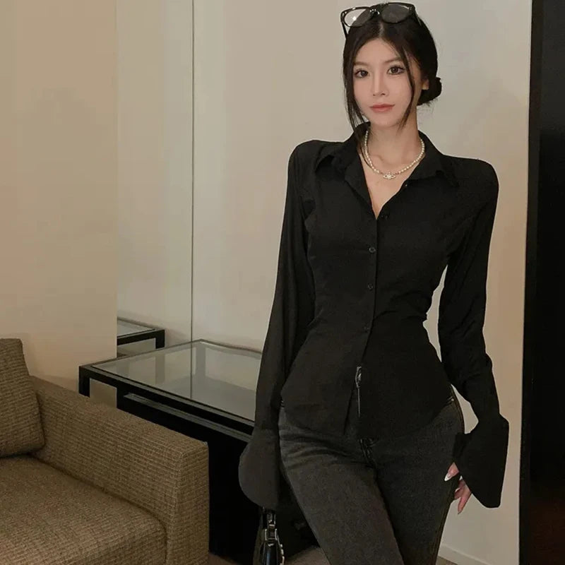 Gidyq Fashion Women Bandage Shirts Korean All Match Streetwear Female Slim Blouse Spring Casual White Bell Sleeve Shirt