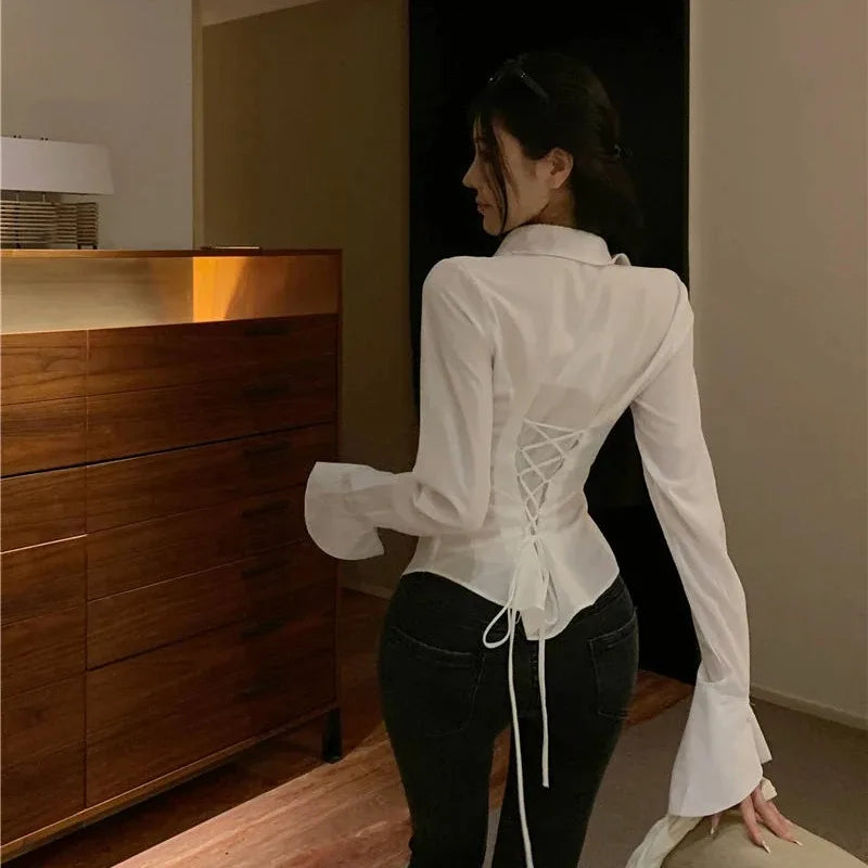 Fashion Women Bandage Shirts Korean All Match Streetwear Female Slim Blouse Casual White Bell Sleeve Shirt II
