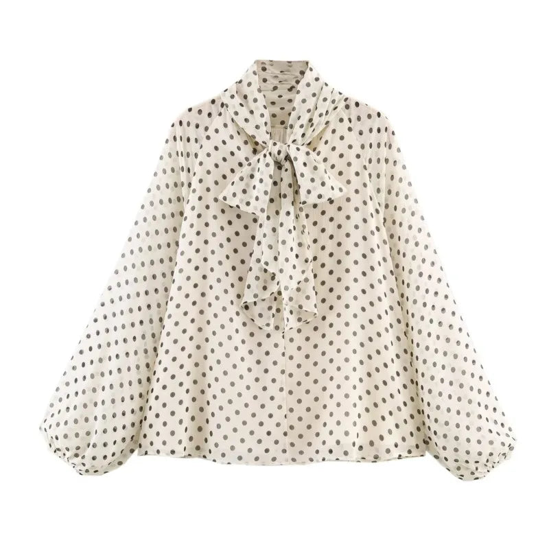 Women Polka Dot Print Blouse Casual High Collar Long Sleeve Lady Top Simple Women's Blouse Female Shirts