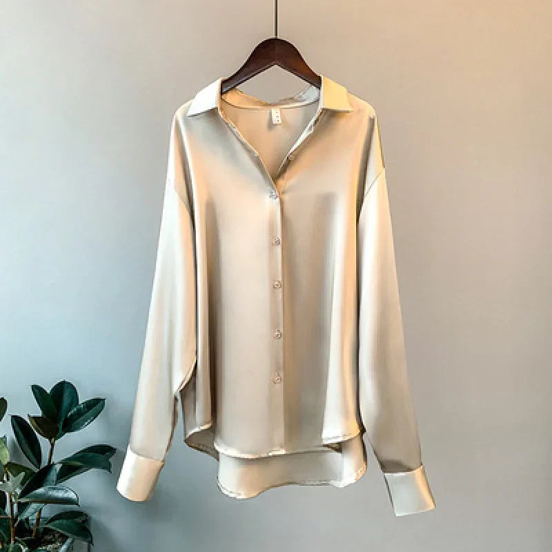 Long Sleeve Satin Shirt Women's Design Sense Spring and Summer Sun-Proof All-Matching Draping Retro Style Shirt Tops