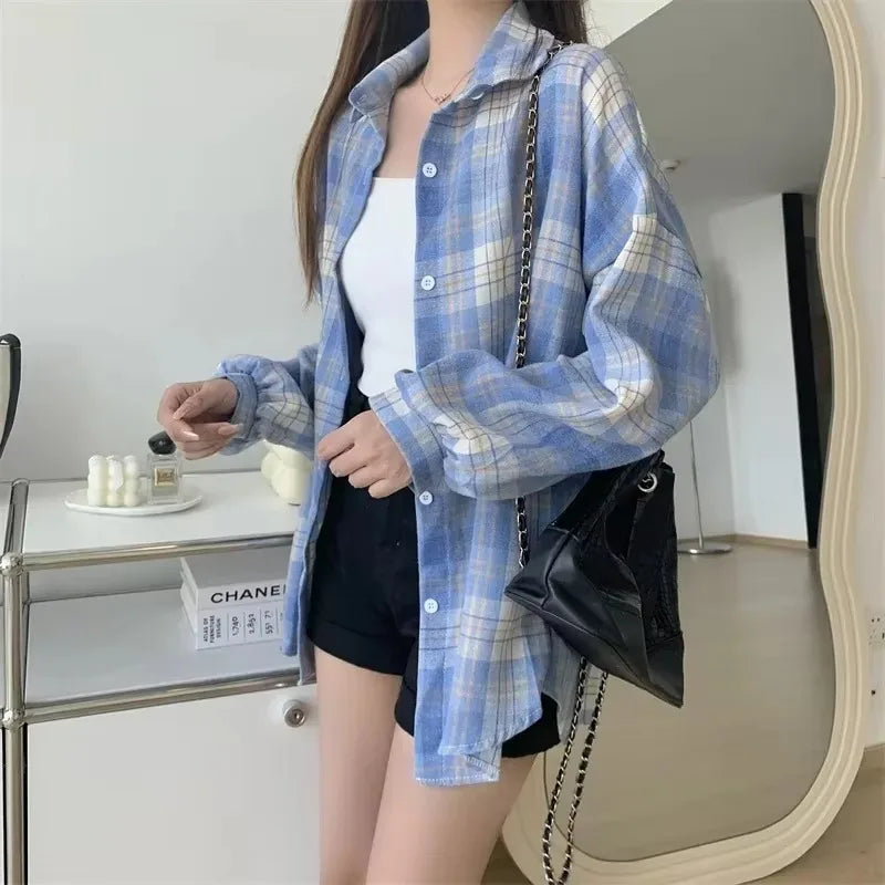 Plaid Shirt Women Fashion Autumn Long Sleeve Top Female Vintage Single Breasted Blouse Preppy Style Loose Check Shirts II