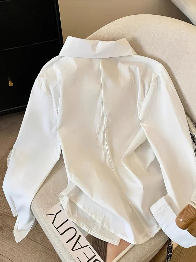 Designer Irregular Long Sleeve Polo Shirt Women Tunic White Elegant Basic Top Blouse Ladies Fashion Work Wear Shirts