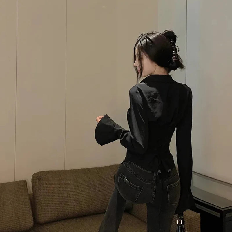 Gidyq Fashion Women Bandage Shirts Korean All Match Streetwear Female Slim Blouse Spring Casual White Bell Sleeve Shirt