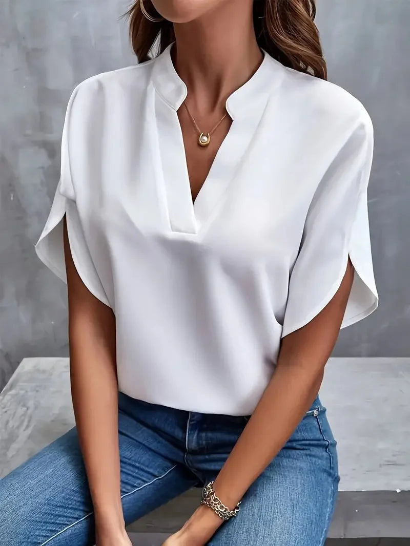 VEITCHE Summer Women Casual Solid Blouse V-neck Half Sleeve Shirts Office Elegant Pullover Loose Blusas Tops