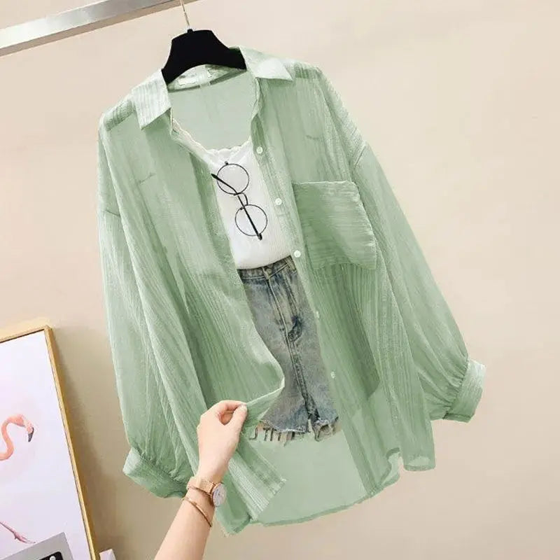 Summer Sunscreen Chiffon Blouse Korean Harajuku See Through Loose Top Casual Women's Cardigan II