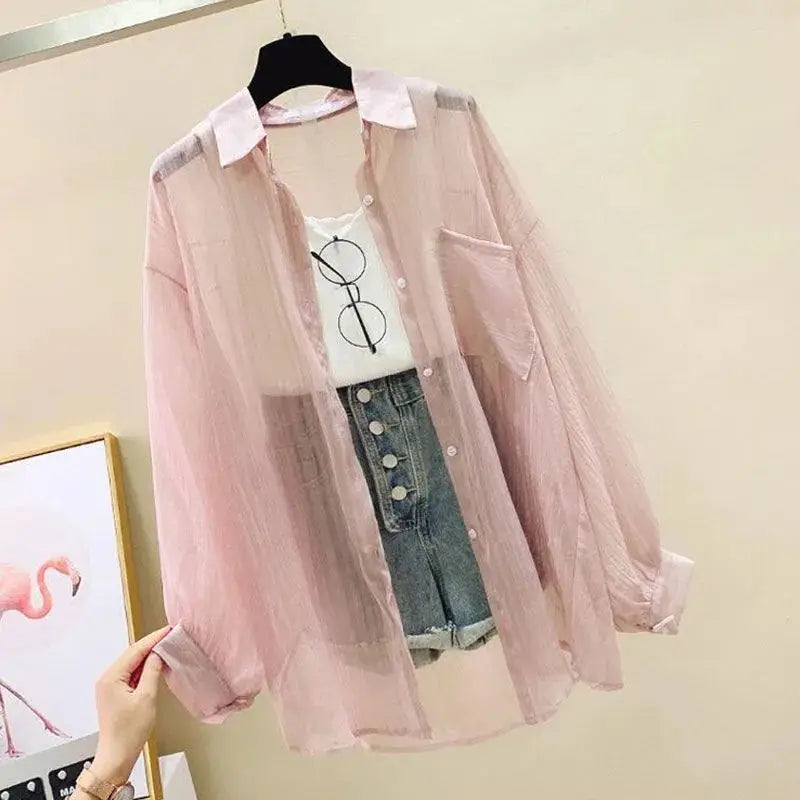 Summer Sunscreen Chiffon Blouse Korean Harajuku See Through Loose Top Casual Women's Cardigan II