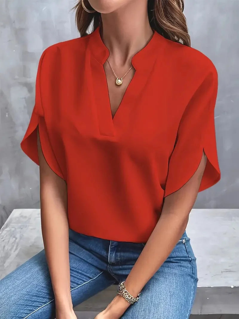 VEITCHE Summer Women Casual Solid Blouse V-neck Half Sleeve Shirts Office Elegant Pullover Loose Blusas Tops