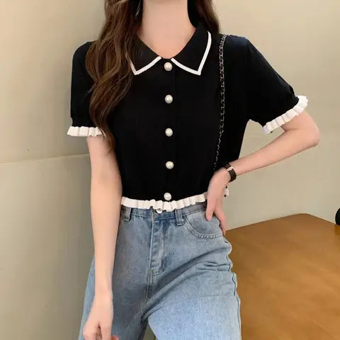 Sweet Women Shirt Korean Knitted Turn Down Collar Short Sleeve Female Blouse Summer Retro Slim All Match Ladies Crop Tops