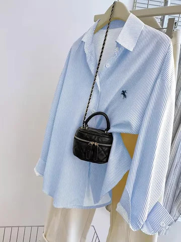 Women's Long-Sleeve Blouse Striped Knight Print Front Button-Up Casual Long Sleeve Shirt