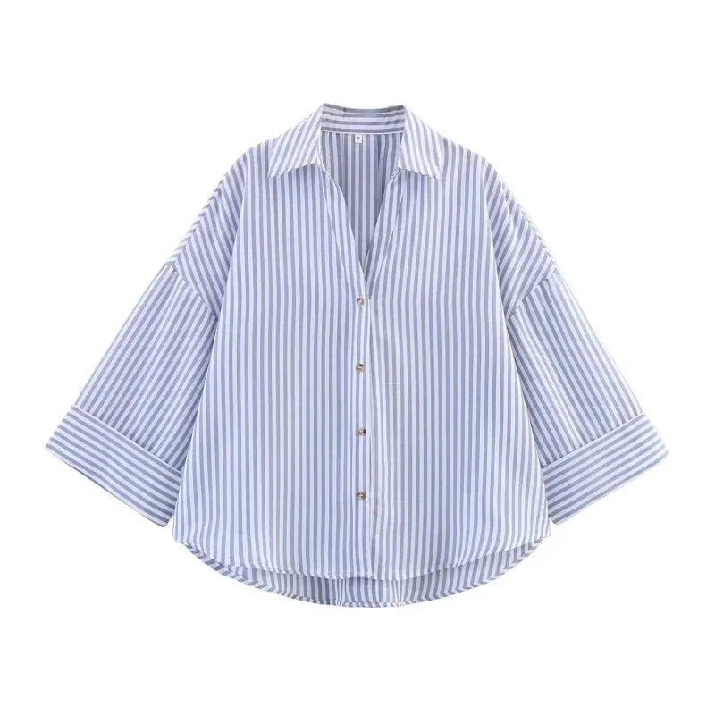 MUJER Striped Women's Shirt White Loose Casual Shirts for Women Summer Button up Wide Sleeve Ladies Top