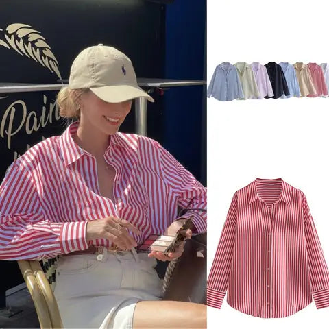 ETJ 2025 Women's Spring New Striped Long Sleeve Lapel Loose Poplin Shirt Multi-color Selection