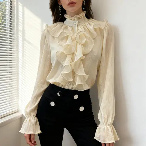 NEW High Quality Vintage Ruffles Lace Blouse Women Spring Collar White Chiffon Shirt Long Puff Sleeve Loose Tops Elegant