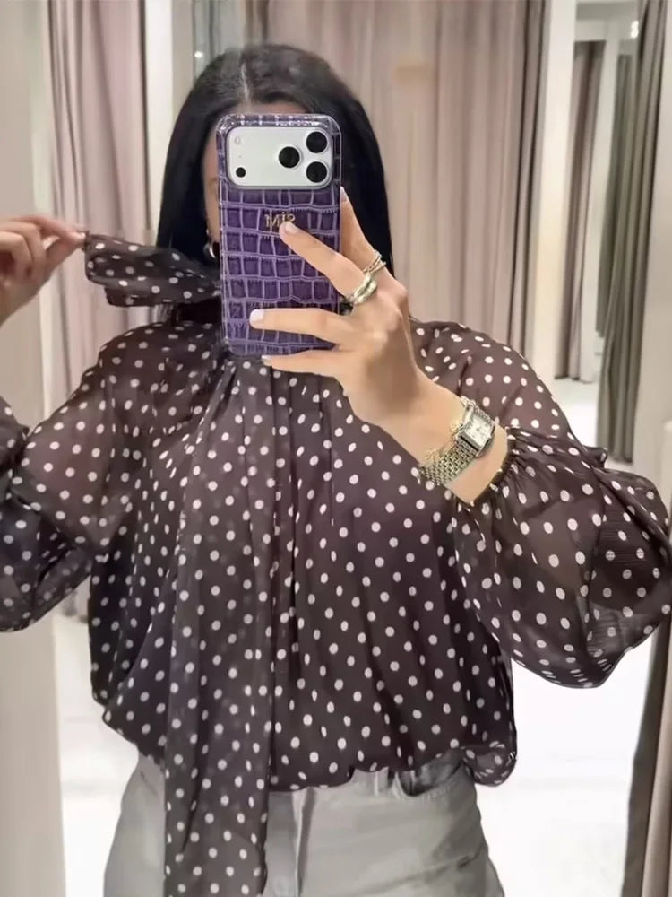Women Polka Dot Print Blouse Casual High Collar Long Sleeve Lady Top Simple Women's Blouse Female Shirts
