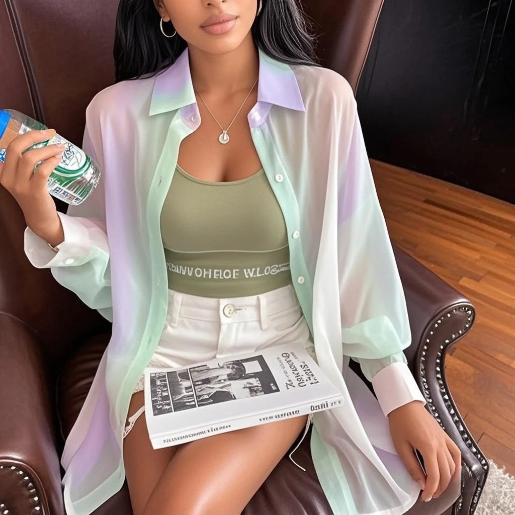 See-through Irregular Gradient Rainbow Long Sleeved Shirt And Blouses Thin For Women Loose Top Pink Casual Fashion Trend